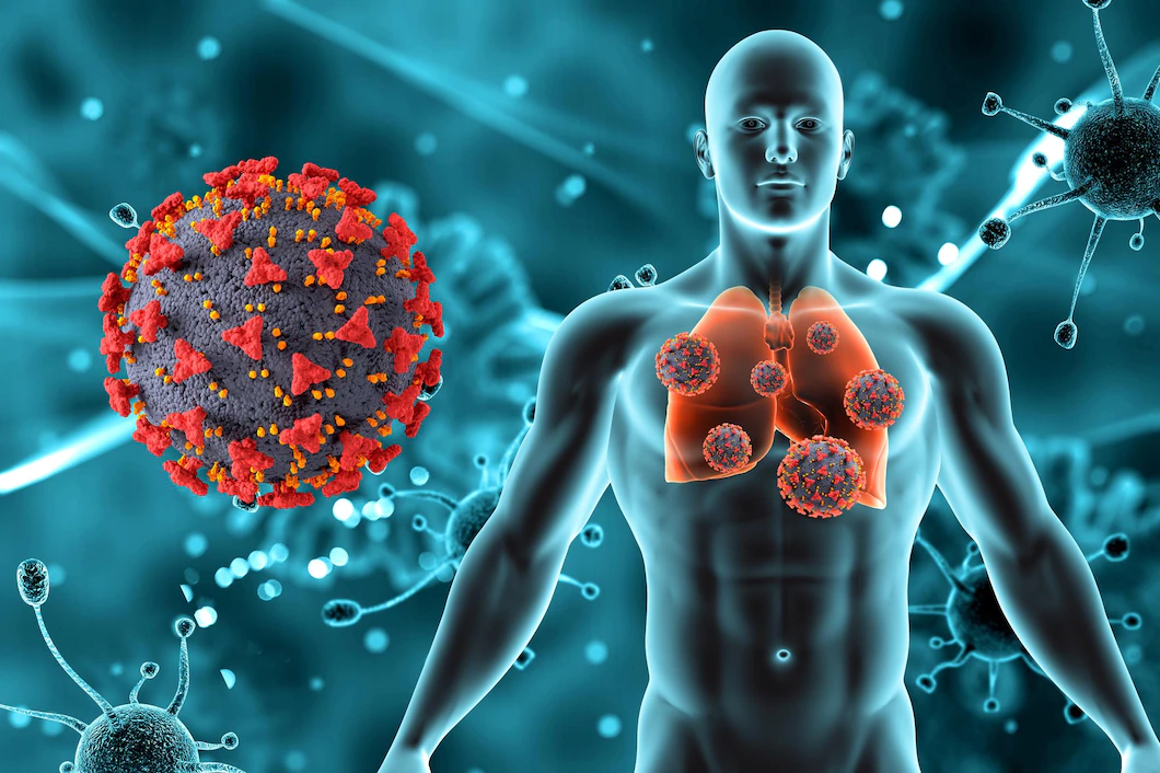 3d render medical background with male figure lungs covid 19 virus cells 1048 15320